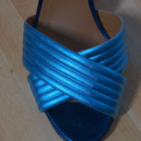 Veronica Beard Olympia Quarter Strap Sandals Heels Blue Leather Ankle 41 - Picture 2 of 13